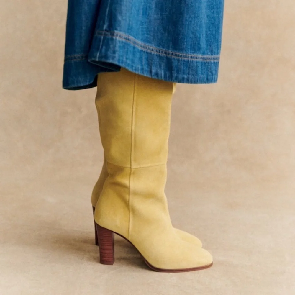 Sezane Anaelle Thigh High Suede Leather Over The Knee Pointy Boots Lemon Yellow
